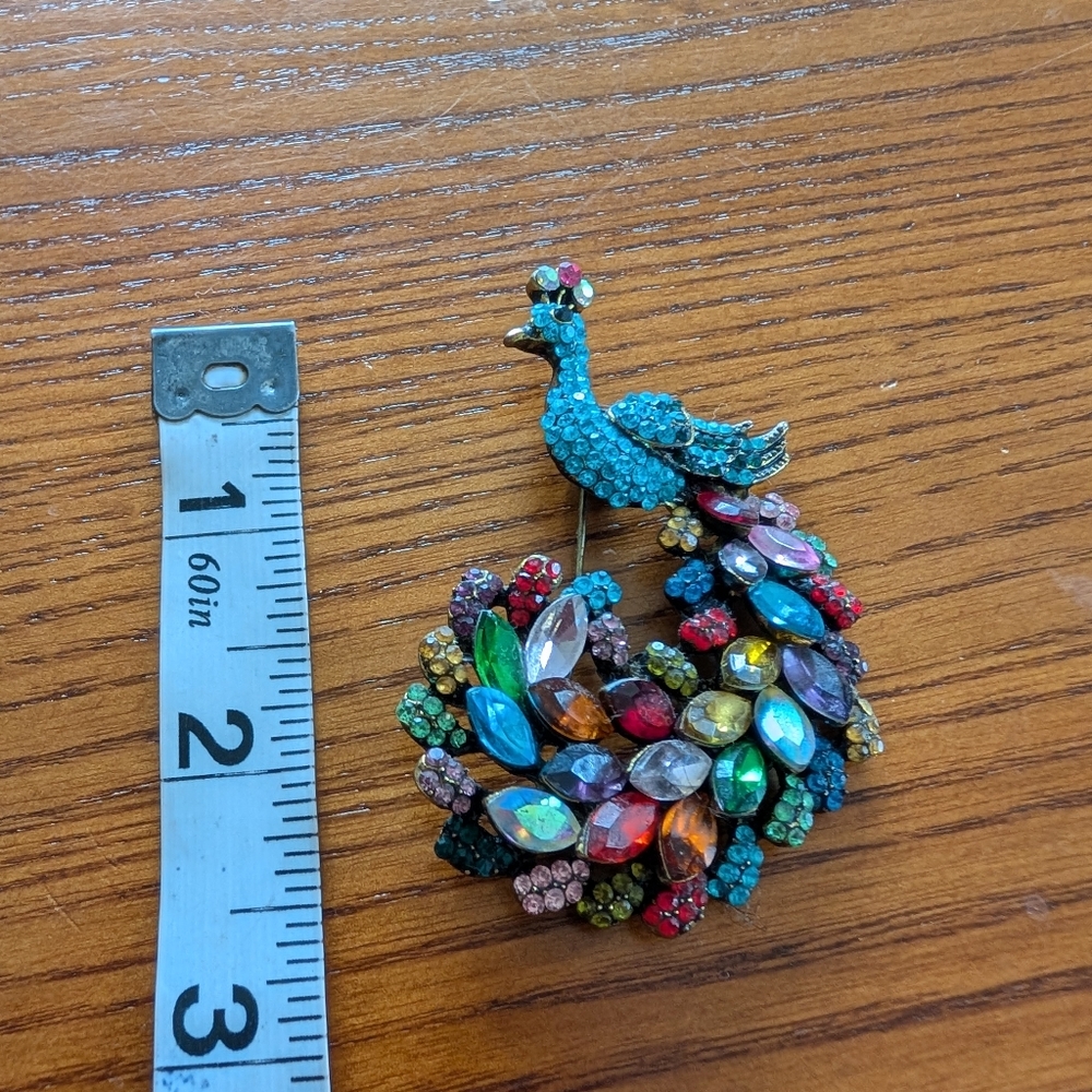 Vintage Colorful Rhinestone Peacock Brooch - Picture 2 of 5
